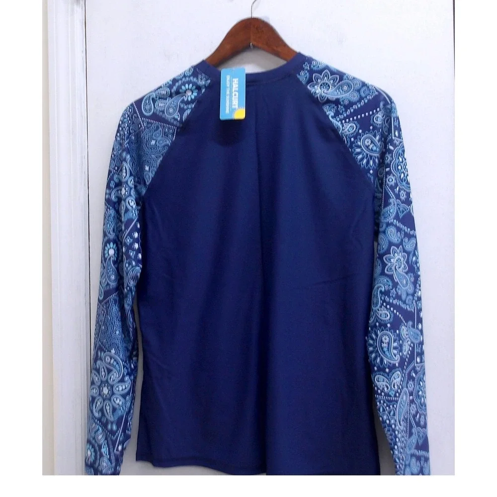 Halcurt Womens Navy‎ Blue Paisley Rash Guard Set Long Sleeve Shirt Top L/#26531